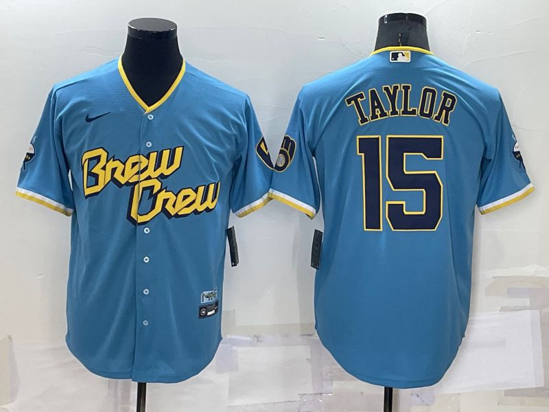 Cheap Men Milwaukee Brewers 15 Taylor Blue City Edition Game Nike 2022 MLB Jersey